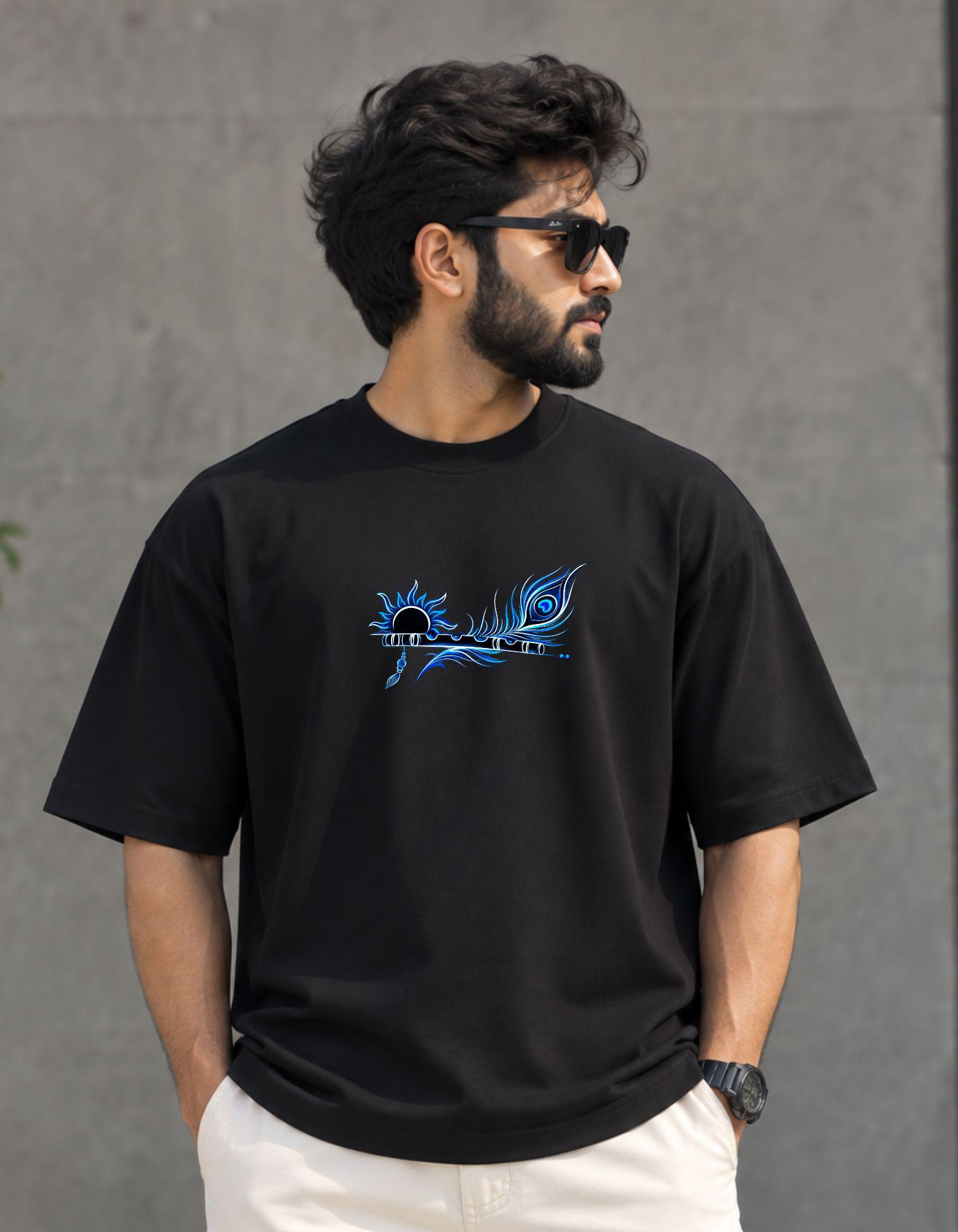 Lord Krishna Oversized T-Shirt for Men and Women | Traditional Hare Krishna Krishnan Devotee Flute & Peacock Feather Graphic Printed T Shirt | Spiritual Hindu God Streetwear Tshirt
